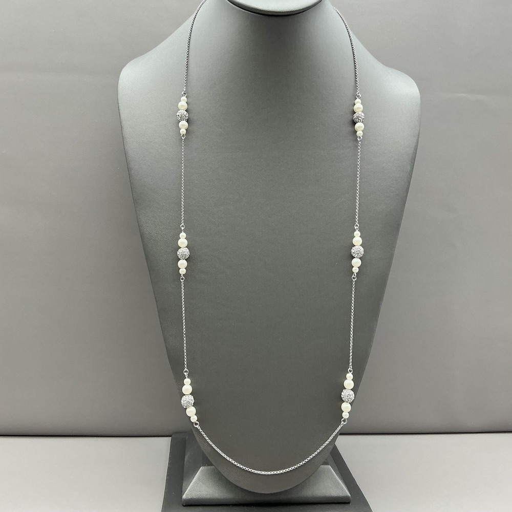 Ann Taylor Necklace Silver Tone White‎ Imitation Pearl Rhinestone Station Womens